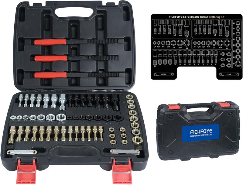 FICHFOYE Store 61-Pcs Thread Chaser Tool, Thread Repair Kit SAE & Metric, 40CR Carbon Steel Color-Coded Dies/Taps Thread Restoration Tools for Automotive/Machinery, UNC/UNF/Metric, 28 Dies+28 Taps+3 Files - Image 1